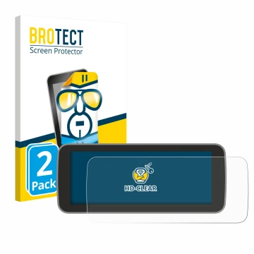 Face avant d’un emballage produit avec le logo de la marque BROTECT. À côté, l’appareil Fiat 500 E Uconnect 5 10