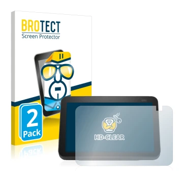 Face avant d’un emballage produit avec le logo de la marque BROTECT. À côté, l’appareil Amazon Echo Show 8 2021 (2e Gen.) est 