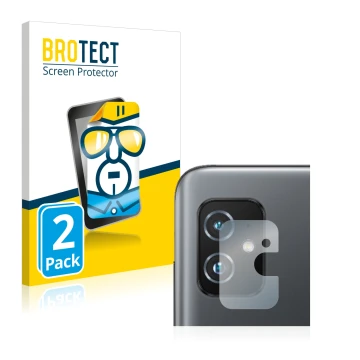 Face avant d’un emballage produit avec le logo de la marque BROTECT. À côté, l’appareil ASUS ZenFone 8 (Caméra UNIQUEMENT) est