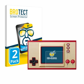 Face avant d’un emballage produit avec le logo de la marque BROTECT. À côté, l’appareil Nintendo Game & Watch Super Mario Bros