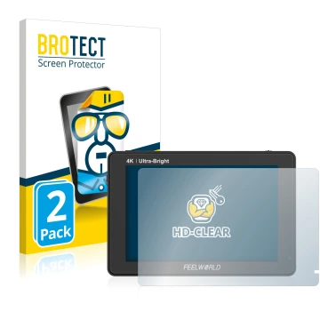 Face avant d’un emballage produit avec le logo de la marque BROTECT. À côté, l’appareil Feelworld LUT7 7