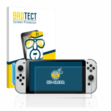 Face avant d’un emballage produit avec le logo de la marque BROTECT. À côté, l’appareil Nintendo Switch OLED-Modell est représ