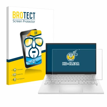 Face avant d’un emballage produit avec le logo de la marque BROTECT. À côté, l’appareil HP Pavilion x360 (14-dyX) est représen