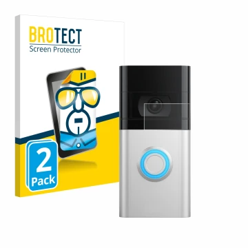 Face avant d’un emballage produit avec le logo de la marque BROTECT. À côté, l’appareil Ring Video Doorbell 4 est représenté a