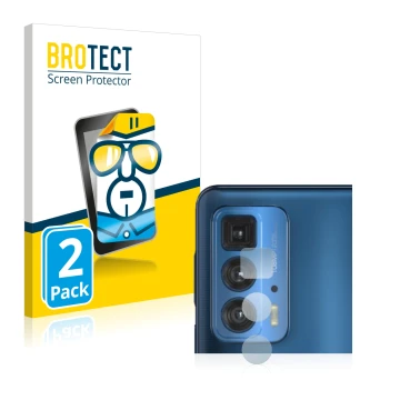 Face avant d’un emballage produit avec le logo de la marque BROTECT. À côté, l’appareil Motorola Edge 20 Pro (Caméra UNIQUEMEN