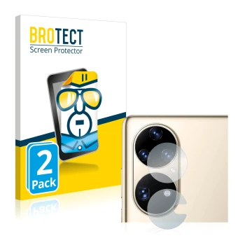 Face avant d’un emballage produit avec le logo de la marque BROTECT. À côté, l’appareil Huawei P50 Pro (Caméra UNIQUEMENT) est