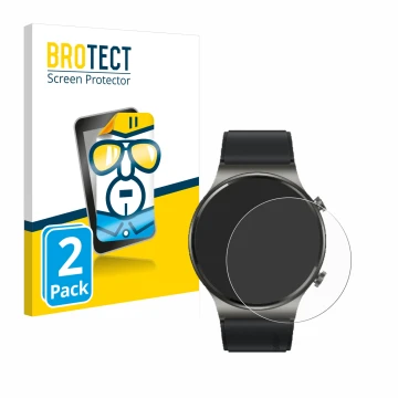 Face avant d’un emballage produit avec le logo de la marque BROTECT. À côté, l’appareil Huawei Watch GT 2 Pro ECG est représen