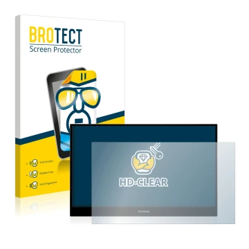 Face avant d’un emballage produit avec le logo de la marque BROTECT. À côté, l’appareil ViewSonic TD1655 est représenté avec l