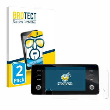 Face avant d’un emballage produit avec le logo de la marque BROTECT. À côté, l’appareil Skoda Bolero 2020 Infotainment System 