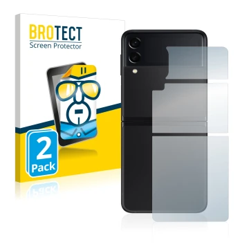 Face avant d’un emballage produit avec le logo de la marque BROTECT. À côté, l’appareil Samsung Galaxy Z Flip 3 5G (Arrière) e