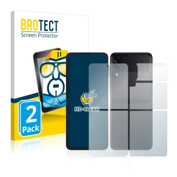 Face avant d’un emballage produit avec le logo de la marque BROTECT. À côté, l’appareil Samsung Galaxy Z Flip 3 5G (Avant+Arri