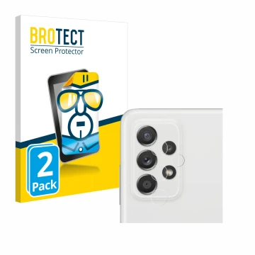 Face avant d’un emballage produit avec le logo de la marque BROTECT. À côté, l’appareil Samsung Galaxy A52s 5G (Caméra UNIQUEM