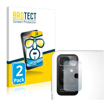 Face avant d’un emballage produit avec le logo de la marque BROTECT. À côté, l’appareil Xiaomi Redmi 10 (Caméra UNIQUEMENT) es