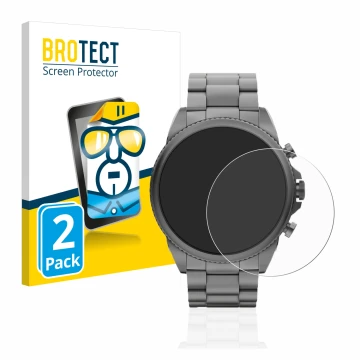 Face avant d’un emballage produit avec le logo de la marque BROTECT. À côté, l’appareil Fossil Gen 6 (44mm) est représenté ave