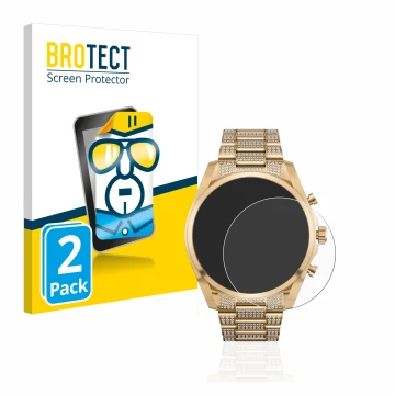 Face avant d’un emballage produit avec le logo de la marque BROTECT. À côté, l’appareil Michael Kors Access Gen 6 Bradshaw est