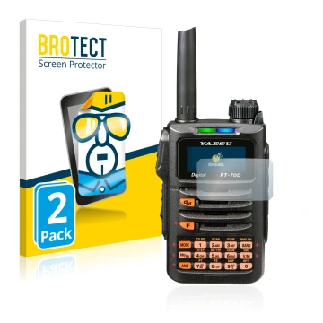 Face avant d’un emballage produit avec le logo de la marque BROTECT. À côté, l’appareil Yaesu FT-70DR est représenté avec la p