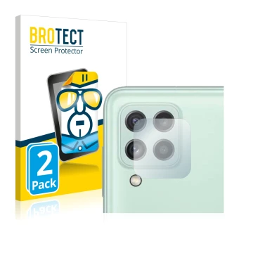 Face avant d’un emballage produit avec le logo de la marque BROTECT. À côté, l’appareil Samsung Galaxy A22 4G (Caméra UNIQUEME