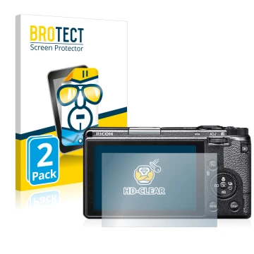 Face avant d’un emballage produit avec le logo de la marque BROTECT. À côté, l’appareil Ricoh GR IIIx est représenté avec la p