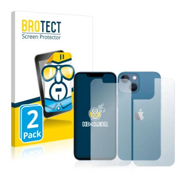 Face avant d’un emballage produit avec le logo de la marque BROTECT. À côté, l’appareil Apple iPhone 13 mini (Avant+Arrière) e