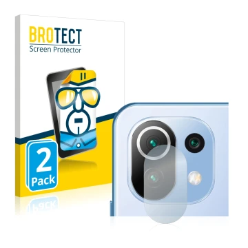 Face avant d’un emballage produit avec le logo de la marque BROTECT. À côté, l’appareil Xiaomi 11 Lite 5G NE (Caméra UNIQUEMEN