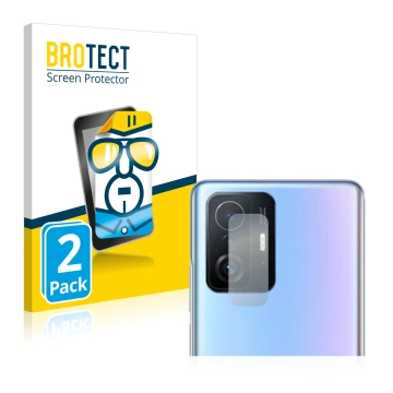 Face avant d’un emballage produit avec le logo de la marque BROTECT. À côté, l’appareil Xiaomi 11T Pro (Caméra UNIQUEMENT) est
