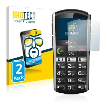 Face avant d’un emballage produit avec le logo de la marque BROTECT. À côté, l’appareil Emporia Simplicity est représenté avec