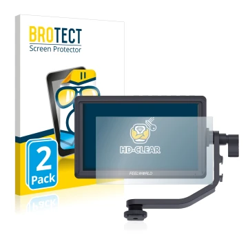 Face avant d’un emballage produit avec le logo de la marque BROTECT. À côté, l’appareil Feelworld FW568 5.5