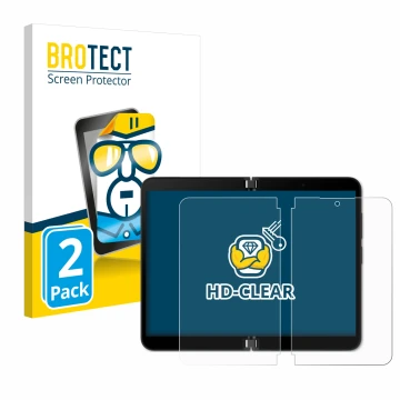 Face avant d’un emballage produit avec le logo de la marque BROTECT. À côté, l’appareil Microsoft Surface Duo 2 (Affichage int