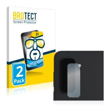 Face avant d’un emballage produit avec le logo de la marque BROTECT. À côté, l’appareil Microsoft Surface Duo 2 (Caméra UNIQUE