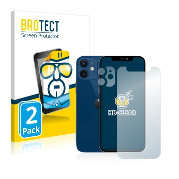 Face avant d’un emballage produit avec le logo de la marque BROTECT. À côté, l’appareil Apple iPhone 12 mini (Avant+Caméra) es