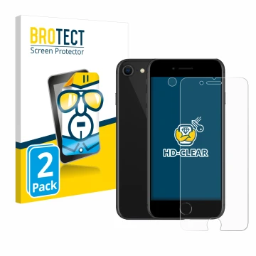 Face avant d’un emballage produit avec le logo de la marque BROTECT. À côté, l’appareil Apple iPhone SE 2 2020 (Avant+Caméra) 