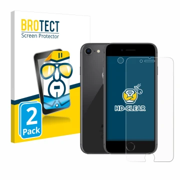 Face avant d’un emballage produit avec le logo de la marque BROTECT. À côté, l’appareil Apple iPhone 8 (Avant+Caméra) est repr