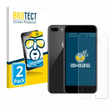 Face avant d’un emballage produit avec le logo de la marque BROTECT. À côté, l’appareil Apple iPhone 8 Plus (Avant+Caméra) est