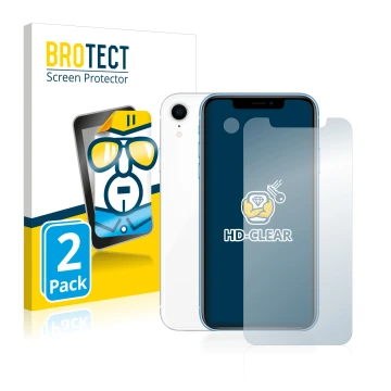 Face avant d’un emballage produit avec le logo de la marque BROTECT. À côté, l’appareil Apple iPhone XR (Avant+Caméra) est rep