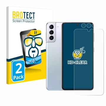 Face avant d’un emballage produit avec le logo de la marque BROTECT. À côté, l’appareil Samsung Galaxy S21 (Avant+Caméra) est 