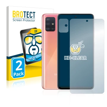 Face avant d’un emballage produit avec le logo de la marque BROTECT. À côté, l’appareil Samsung Galaxy A51 (Avant+Caméra) est 