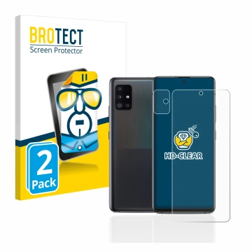 Face avant d’un emballage produit avec le logo de la marque BROTECT. À côté, l’appareil Samsung Galaxy A51 5G (Avant+Caméra) e