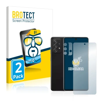 Face avant d’un emballage produit avec le logo de la marque BROTECT. À côté, l’appareil Samsung Galaxy A52 5G (Avant+Caméra) e