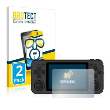 Face avant d’un emballage produit avec le logo de la marque BROTECT. À côté, l’appareil Anbernic RG351P est représenté avec la