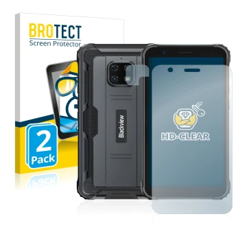 Face avant d’un emballage produit avec le logo de la marque BROTECT. À côté, l’appareil Blackview BV4900S (Avant+Caméra) est r