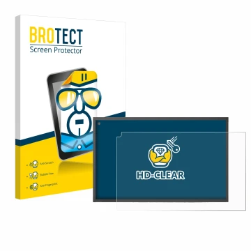 Face avant d’un emballage produit avec le logo de la marque BROTECT. À côté, l’appareil Amazon Echo Show 15 est représenté ave