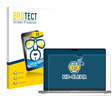 Face avant d’un emballage produit avec le logo de la marque BROTECT. À côté, l’appareil Apple MacBook Pro 16