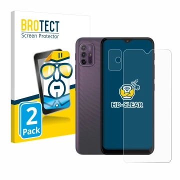 Face avant d’un emballage produit avec le logo de la marque BROTECT. À côté, l’appareil Motorola Moto G10 (Avant+Caméra) est r