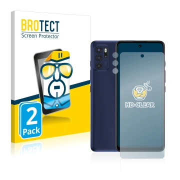 Face avant d’un emballage produit avec le logo de la marque BROTECT. À côté, l’appareil Motorola Moto G60S (Avant+Caméra) est 