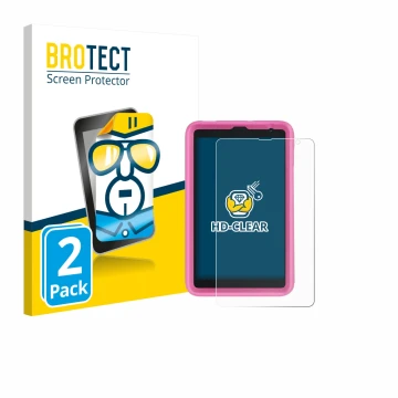 Face avant d’un emballage produit avec le logo de la marque BROTECT. À côté, l’appareil Blackview Tab 6 Kids est représenté av