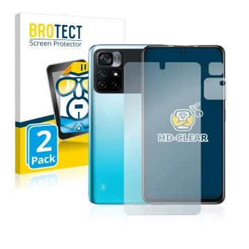 Face avant d’un emballage produit avec le logo de la marque BROTECT. À côté, l’appareil Xiaomi Poco M4 Pro 5G (Avant+Caméra) e