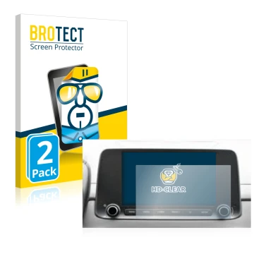 Face avant d’un emballage produit avec le logo de la marque BROTECT. À côté, l’appareil Hyundai Kona 2021 Infotainment System 