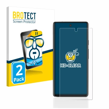 Face avant d’un emballage produit avec le logo de la marque BROTECT. À côté, l’appareil Google Pixel 6a est représenté avec la