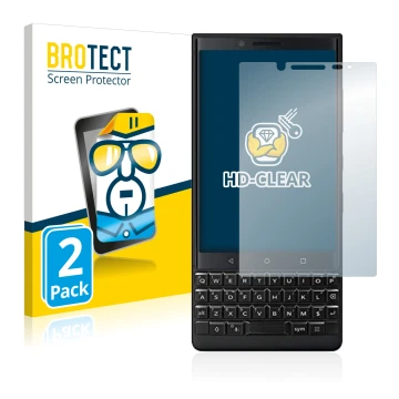 Face avant d’un emballage produit avec le logo de la marque BROTECT. À côté, l’appareil BlackBerry Key2 (Dual Sim) est représe