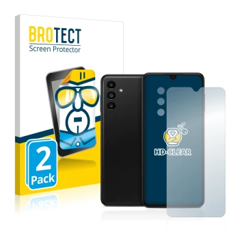 Face avant d’un emballage produit avec le logo de la marque BROTECT. À côté, l’appareil Samsung Galaxy A13 5G (Avant+Caméra) e